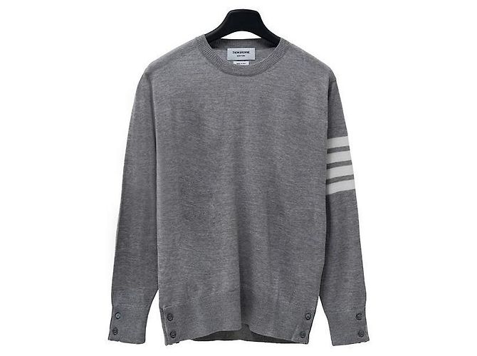 Thom Browne Light Grey Fine Merino Wool Crew Neck Pullover