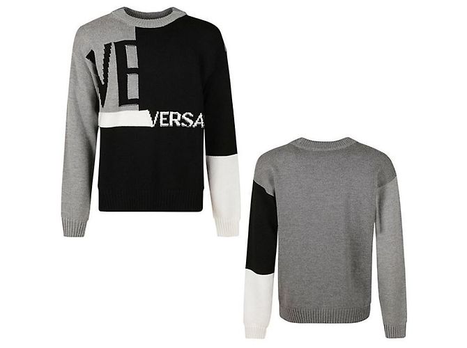 Versace Men's Multi-Color Patchwork Logo Crew Knit Brown
