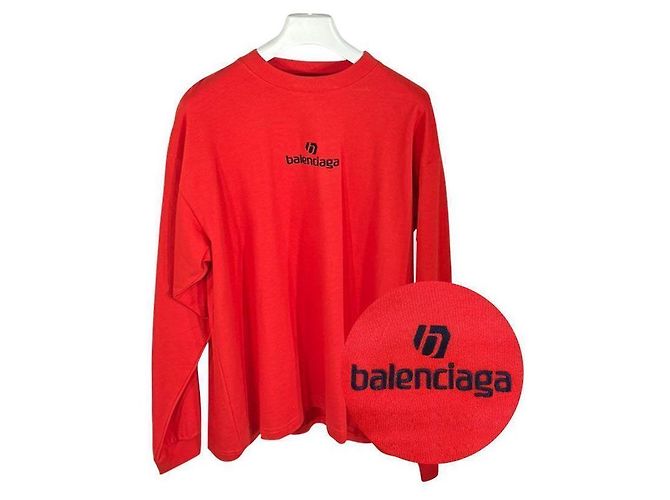 Balenciaga Herren Baumwoll-T-Shirt Langarm Rot Authentisch