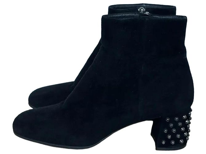 Prada Black Suede Studded Heel Ankle Boots