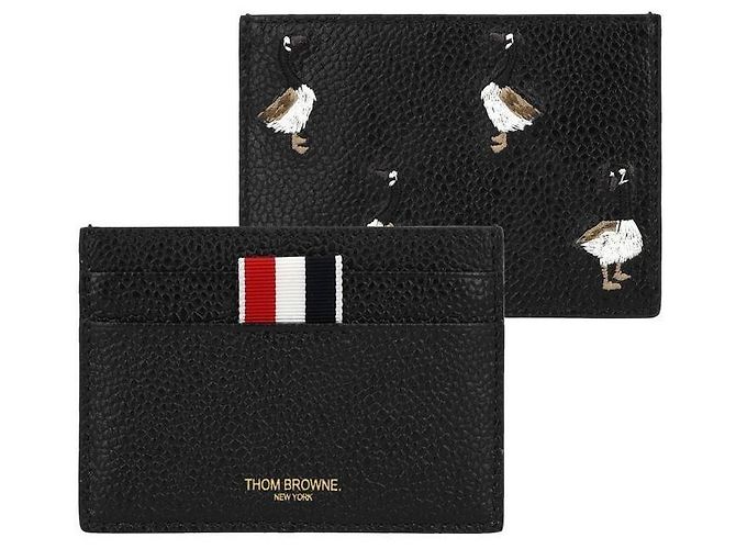 Thom Browne Pebble Grain Goose Embroidery Three-Stripe Tab Card Holder Black