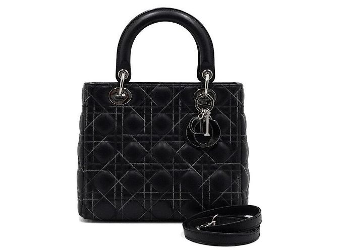 Dior Saco Tote Lady Medium Cannage Preto com Costuras Multicores e Alça de Ombro