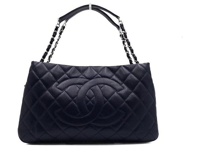 Chanel Saco de Compras Timeless CC Logo com Fecho de correr e Corrente Prateada Azul