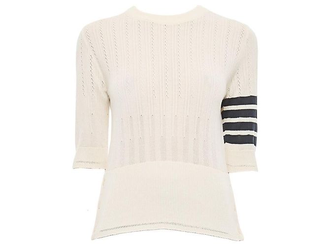 Thom Browne Malha de manga curta em mesh branca com pin diagonal no braço Branco