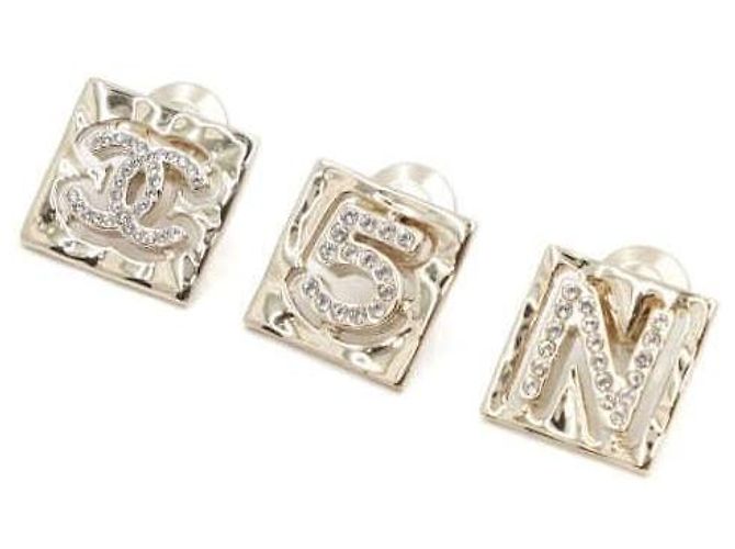 Chanel Ensemble de broches carrées à initiale en cristal plaqué or Blanc