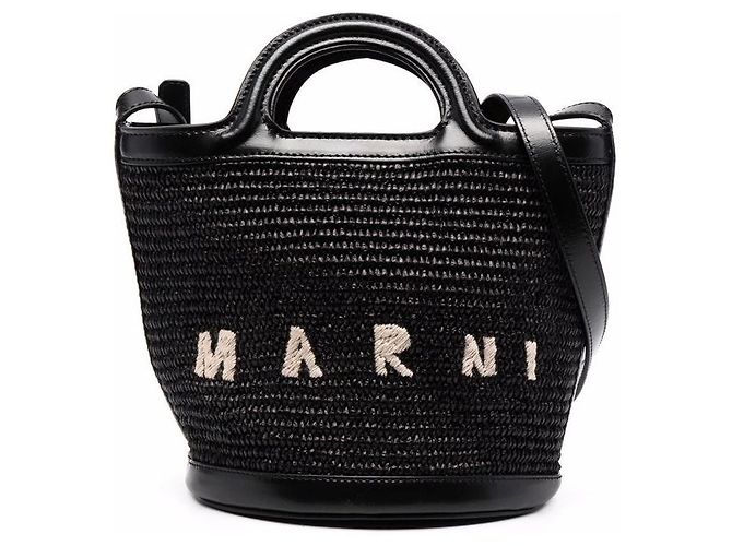Marni Borsa bucket in pelle/rafia nera Nero