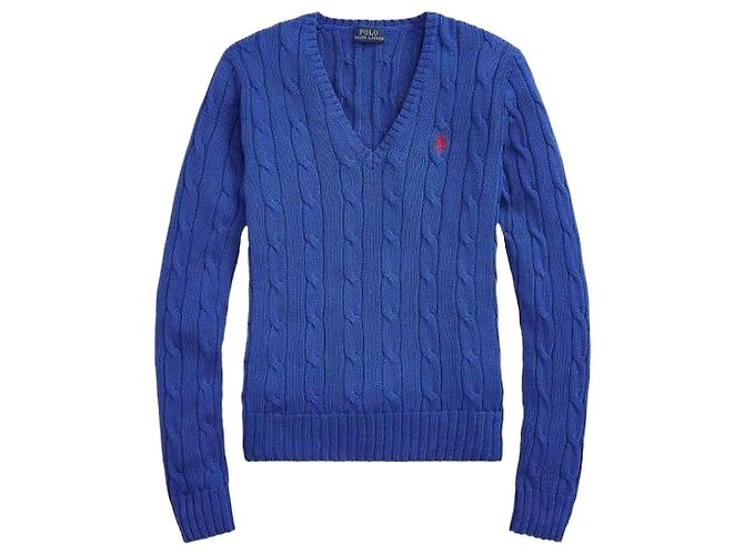 Ralph Lauren Bestickter Pima-Baumwollstrick mit V-Ausschnitt Blau