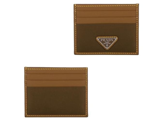 Prada Triangle Logo Lina Nylon Leather Card Holder Brown