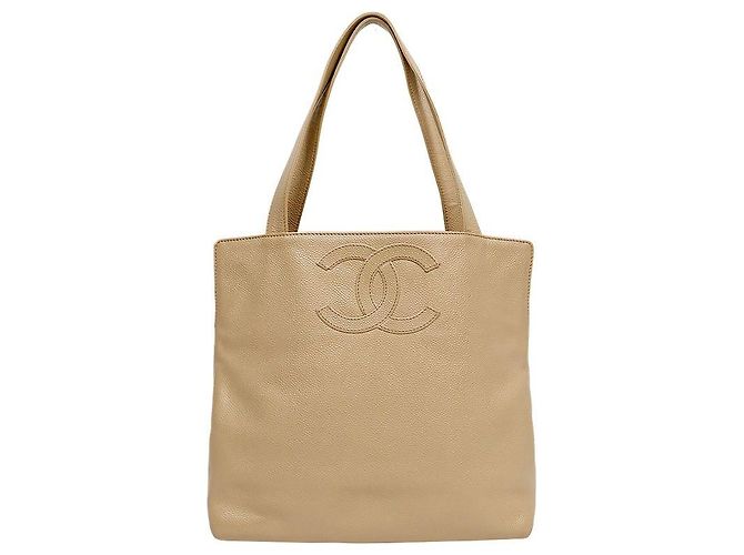 Chanel Bolsa de ombro CC em couro caviar bege Marrom