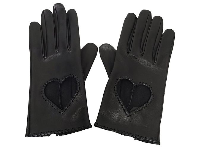 Hermès Luvas de couro preto com coração para mulher