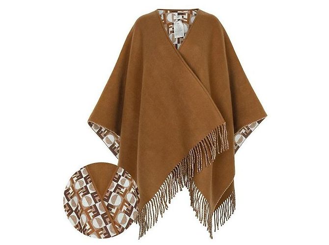Fendi Camel Multi Deco Wool Cashmere Reversible Poncho Cape AYKT Brown