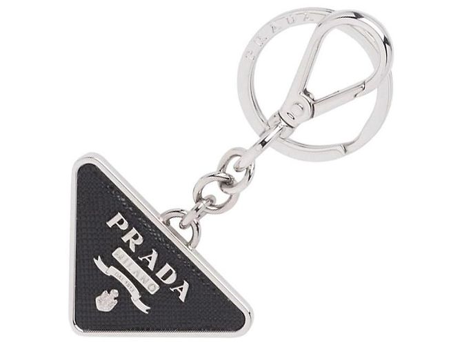 Prada Saffiano Triangle Logo Silver Keyring Black