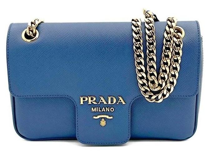 Prada Bolsa de Ombro com Corrente em Saffiano Azul