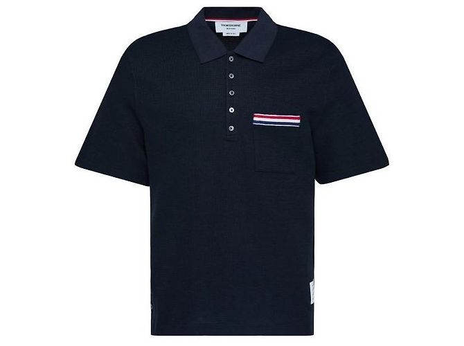 Thom Browne Texturiertes Baumwoll-Leinen- Polo mit RWB-Stickerei Blau