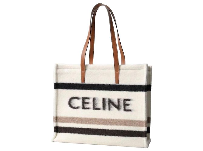 Céline Striped Textile Large Cabas with Jacquard White
