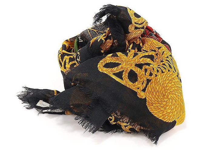 Dior Black Yellow Wool Silk Flower Pattern Square Scarf
