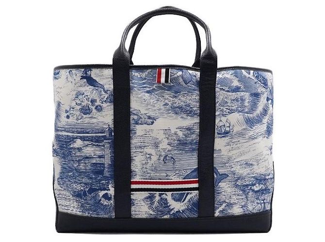 Thom Browne Blue Nautical Print Canvas Leather Medium Tool Tote Bag