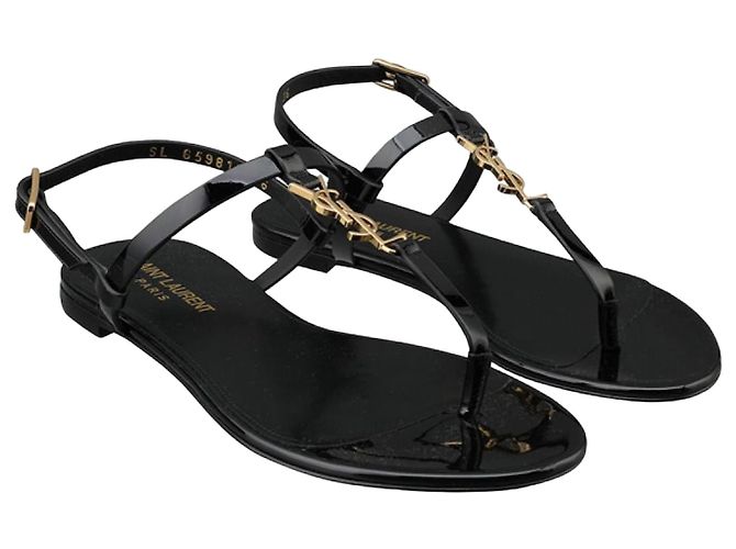 Saint Laurent Cassandra Flat Sandals Patent Black