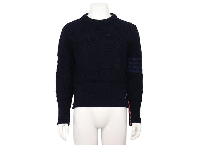 Thom Browne Navy Aran Cable Strickpullover für Herren Bars Blau 