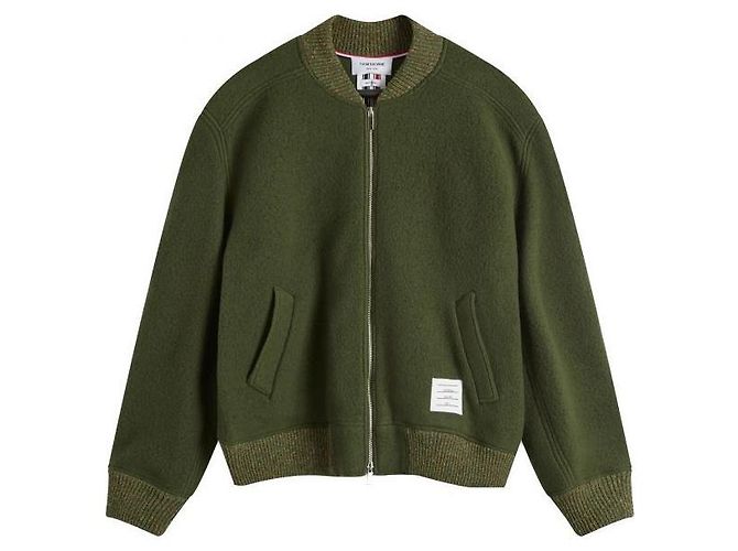 Thom Browne Wool Fleece Stripe Bomber Jacket Green