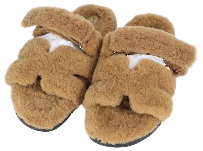 Hermès Shearling Wool Slippers Beige Brown