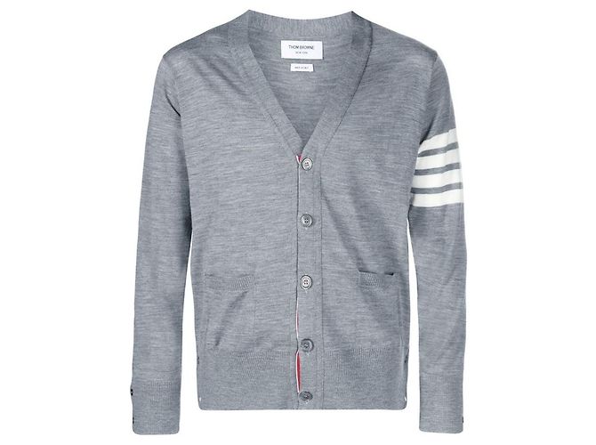 Thom Browne Feiner Merinowoll-Cardigan mit V-Ausschnitt Hellgrau Weiß