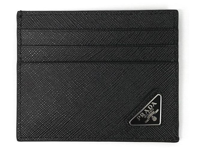 Prada Triangle Logo Saffiano Card Holder Wallet Black