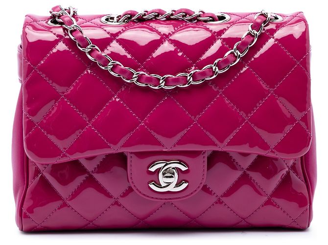 Chanel Pink Medium CC Quilted Patent Double Compartment Flap Rosa