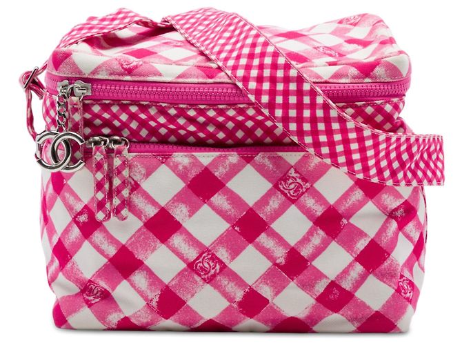 Borsa a tracolla Lunch Box Chanel in tela Gingham rosa CC