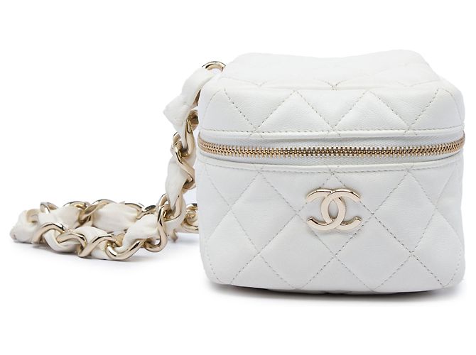 Vanity Bolso de mano Cube de piel de cordero acolchada blanca con cadena Chanel CC Blanco Crudo
