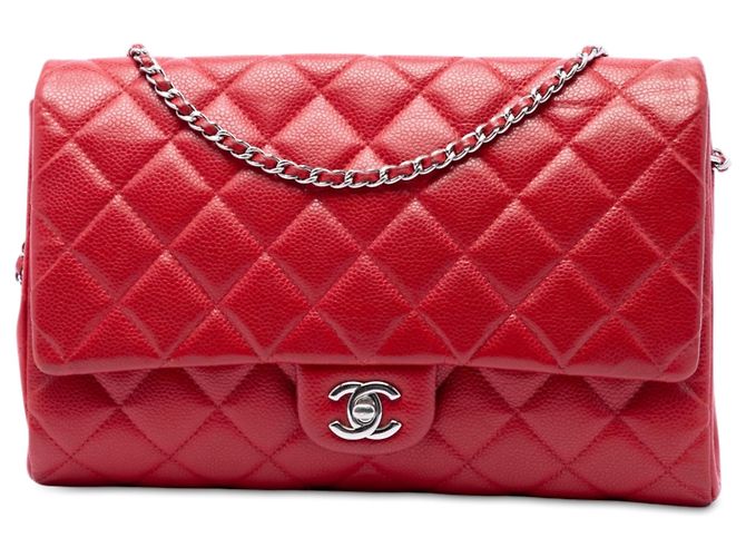 Clutch de aba Chanel Red CC Quilted Caviar com corrente Vermelho