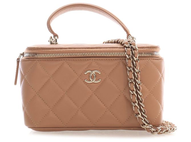 Chanel Beige Small CC Quilted Lambskin Top Handle Vanity Case with Chain