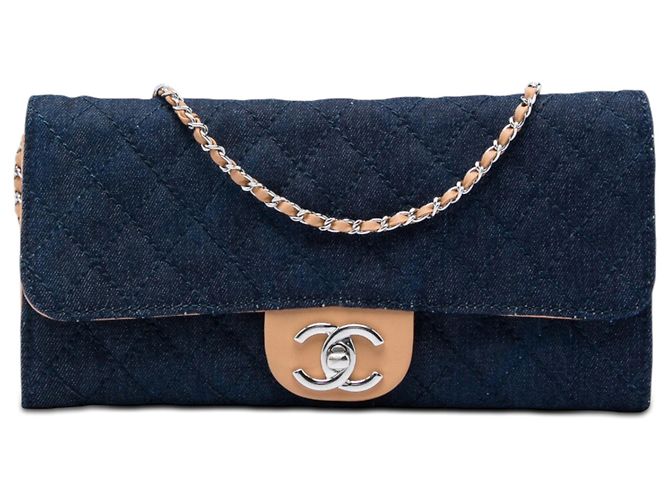Chanel Blue CC Quilted Denim Turn Lock Wallet On Chain