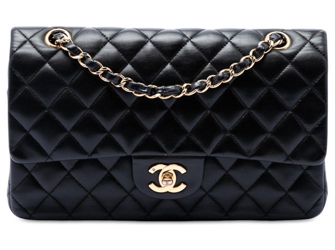 Chanel Black Medium Classic Lambskin Double Flap Preto