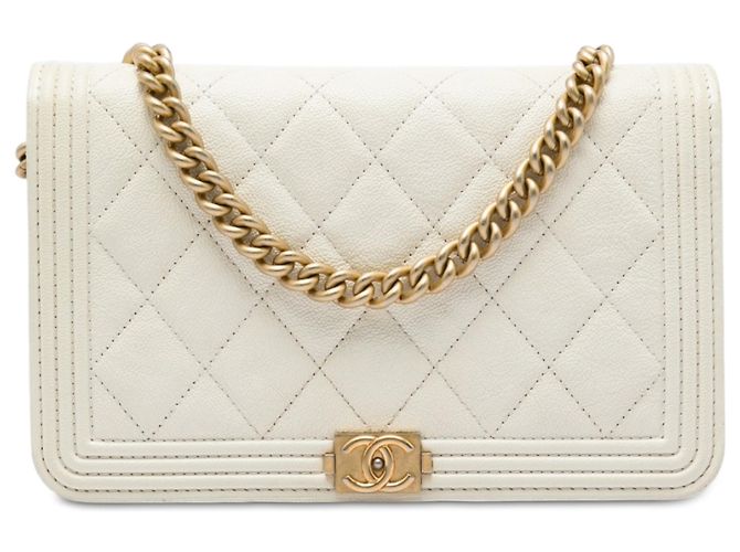 Chanel White Quilted Caviar Boy Wallet on Chain Branco Cru
