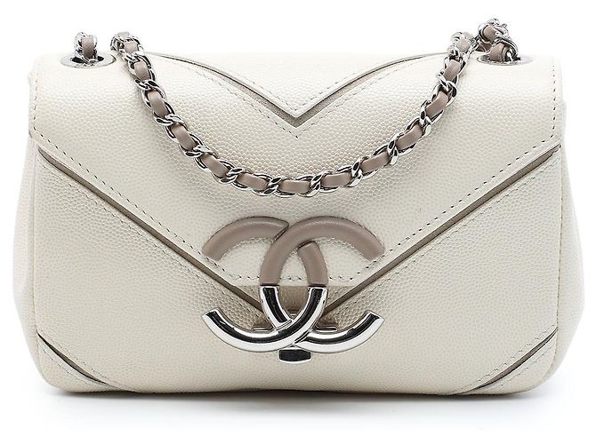 Chanel White Small Macro Chevron Caviar Flap Branco Cru