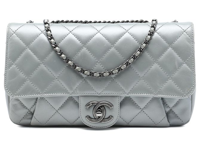 Chanel Gray Medium Quilted Calfskin Coco Pleats Chain Flap Marrom