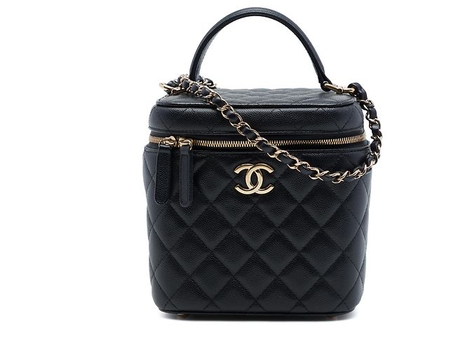 Mala Vanity Chanel Black CC Quilted Caviar com alça e corrente Preto