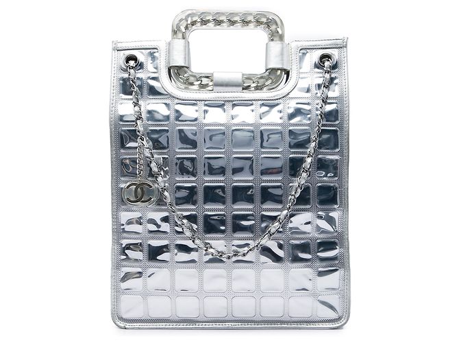 Borsa Shopper Chanel Silver CC Vinyl Ice Cube Argento