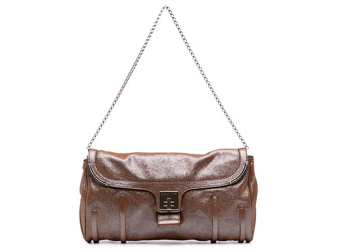Céline Celine Brown Glitter Leather Chain Flap Marron Marron foncé