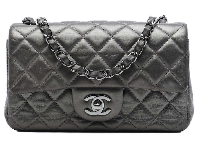 Chanel Mini Rectangular Classic Metallic Lambskin Single Flap Gris Marron Gris anthracite
