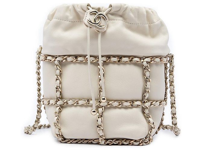 Chanel White Mini Lambskin CC Chain Frame Drawstring Bucket Bag Cream