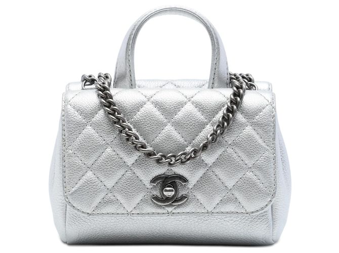 Coco Handle Chanel Silver Metallic Grained Calfskin Pilot Essentials Double Sided Flap Prata