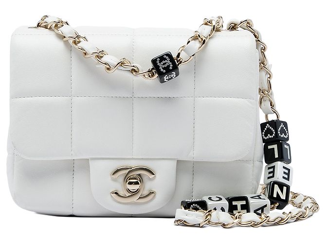 Chanel Mini Quilted Lambskin Resin Crystal Square Monacoco Flap Branco Cru