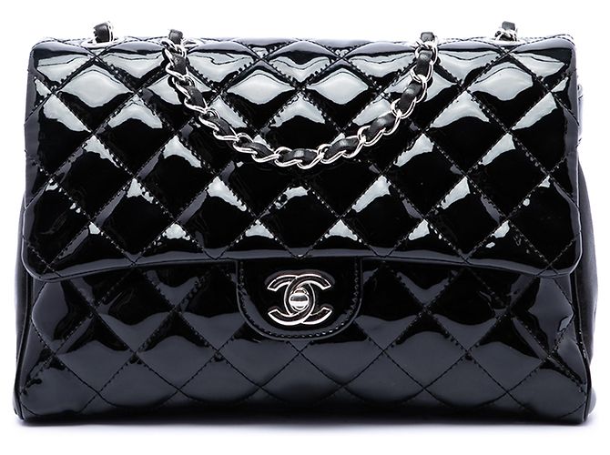 Chanel Black Large CC Quilted Patent Double Compartment Flap Noir