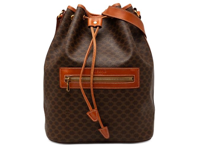 16 Céline Sac seau à cordon Celine Brown Macadam Coated Canvas Marron