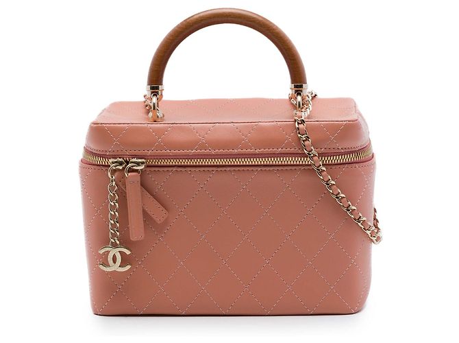 Chanel Brown Large Quilted Lambskin Knock On Wood Vanity Case Flesh