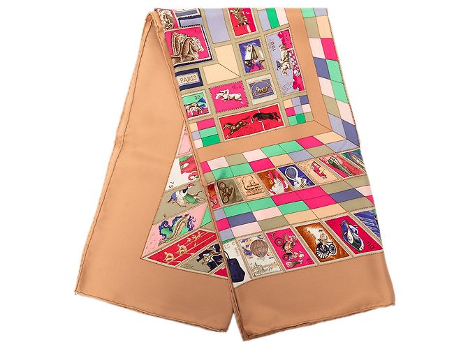 Lenço de seda Hermès Brown Correspondance 90 Marrom