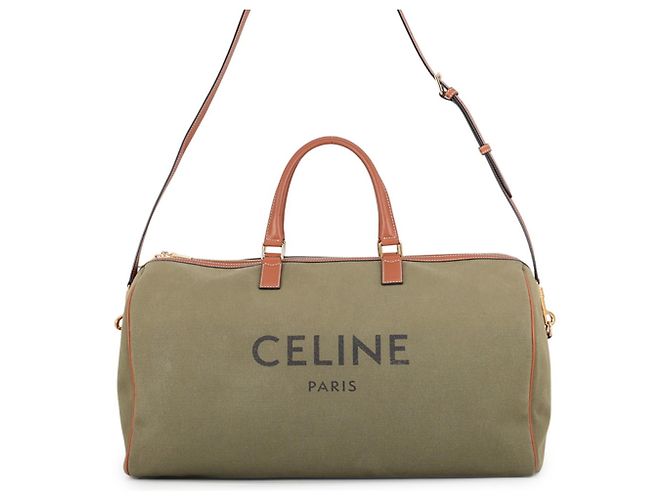 Céline Bolsa Boston Celine em lona e couro Brown Khaki Marrom Caqui