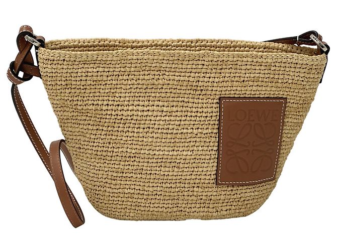 Borsa a tracolla in pelle e rafia beige e marrone Loewe